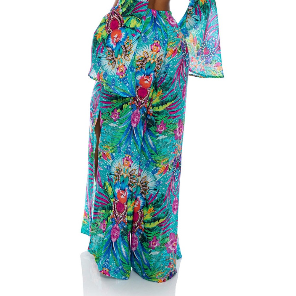 Luli Fama Turquoise Tropical Print Wide Leg Pants with Pink & Green Accents - Picture 2 of 7